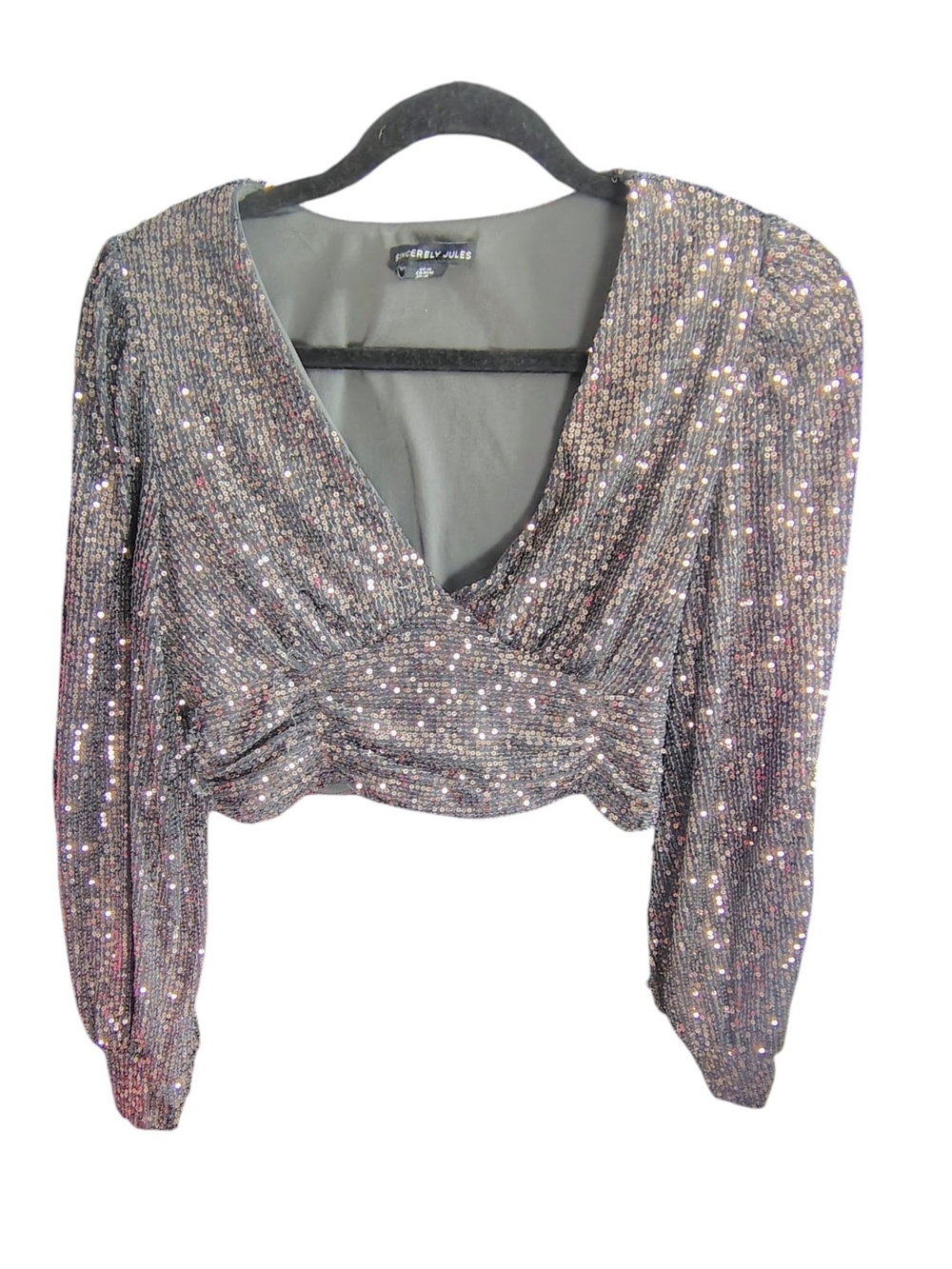 Sincerely Jules Iridescent Sequin V-Neck Long Sleeve Crop Top - Silver/Pink
